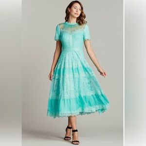 Tadashi Shoji  Camilla Tea Length Dress in Aqua Marine